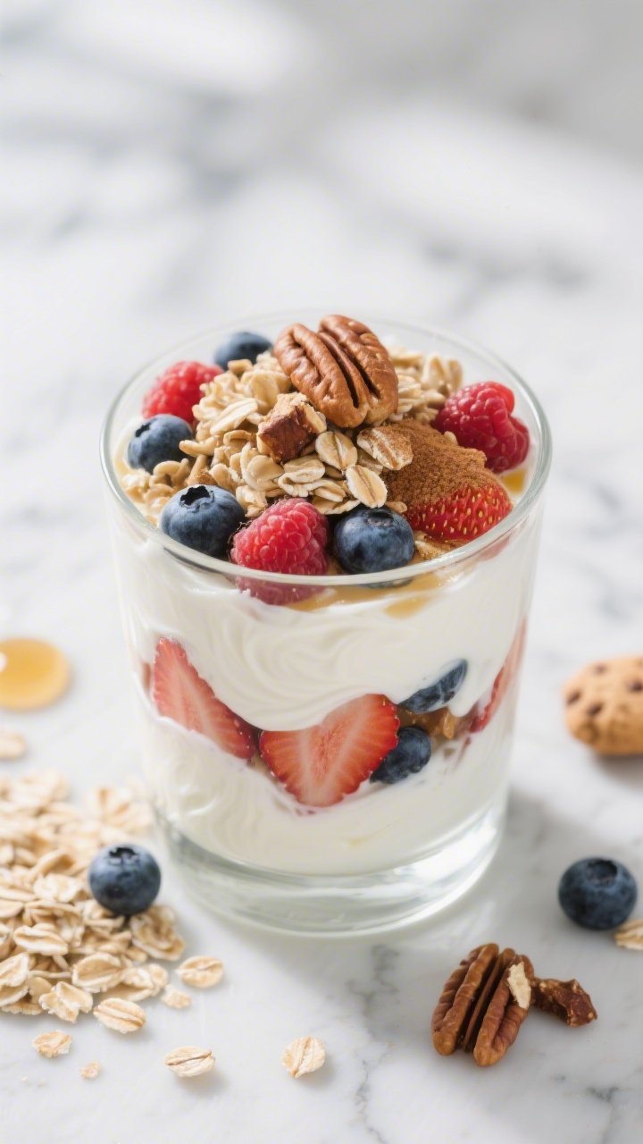 Overhead shot of a layered Greek yogurt parfait in a clear glass: thick plain Greek yogurt (2% or 5%) swirled with mixed berries (blueberries, raspberries, strawberries), topped with old-fashioned rolled oats, chopped pecans, a dusting of cinnamon “cookie” crunch vibe, and a light drizzle of honey; extra berries, loose oats, and pecan pieces scattered on a cool marble surface, soft morning light, crisp whites and berry jewel tones, professional food styling, no people.