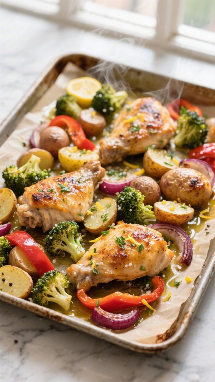 Overhead shot of a one-pan lemon herb chicken and veggie tray bake fresh from the oven: golden-browned boneless skinless chicken thighs nestled among halved baby potatoes, vibrant broccoli florets, red bell pepper strips, and red onion wedges, all glistening with olive oil and speckled with lemon zest, chopped herbs, salt, and black pepper on a parchment-lined sheet pan; warm, natural window light, slight steam visible, rustic metal pan on a light stone surface, focus on roasted textures and caramelized edges.