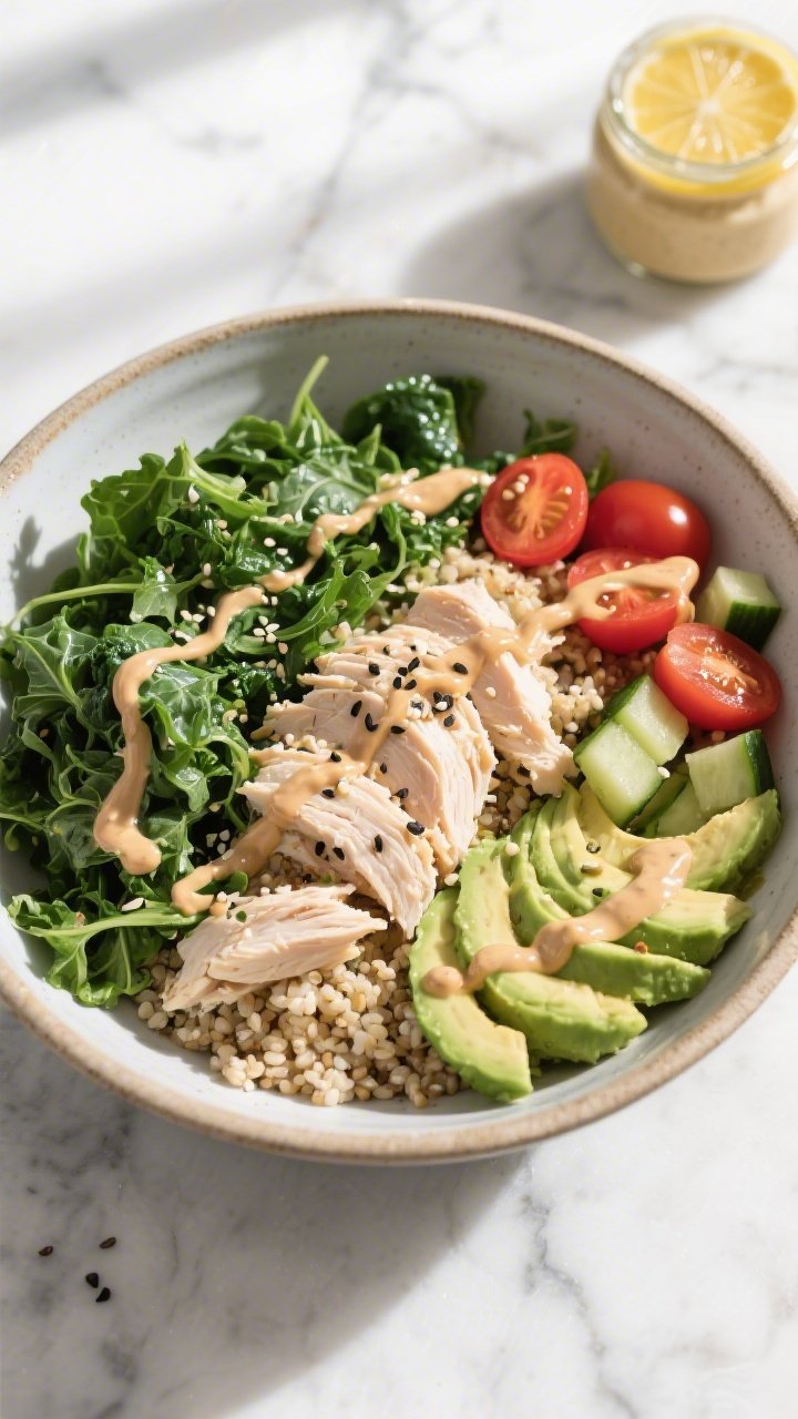 Overhead shot of a Power Greens Chicken Bowl in a wide, shallow ceramic bowl: fluffy quinoa base topped with shredded chicken breast, a lush mix of kale, spinach, and arugula, halved cherry tomatoes, diced cucumber, and creamy avocado slices fan-arranged. Drizzle of glossy lemon-tahini sauce zigzagging over the greens, sprinkled with black pepper and sesame. Bright, natural window light, cool marble surface, minimal props (lemon half and tahini jar in background). Crisp textures, vibrant greens and reds, clean, wholesome mood.