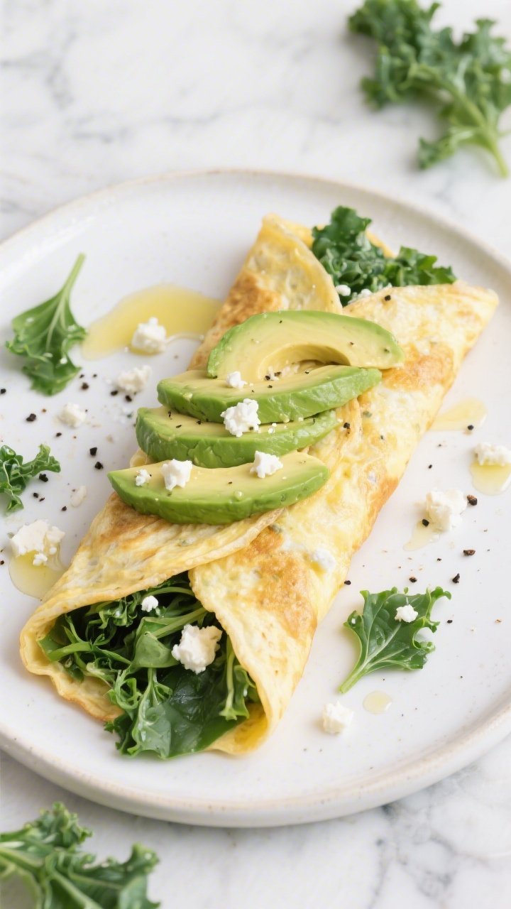 Overhead shot of a Power Greens Omelet Wrap With Avocado Crunch: a thin egg omelet (made from 3 large eggs) used as a wrap, filled with sautéed baby spinach and finely shredded kale cooked in a teaspoon of olive oil with minced garlic, crumbled feta tucked inside, and fresh avocado slices adding creamy green contrast; the wrap is folded and sliced on a white ceramic plate, sprinkled with extra feta and black pepper, a drizzle of olive oil sheen, scattered spinach and kale bits around, set on a light marble surface for a fresh, energizing breakfast vibe.