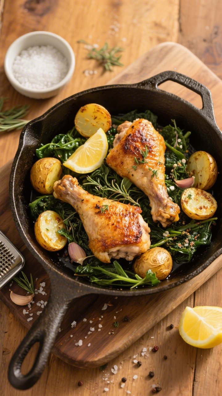 Overhead shot of a rustic cast-iron skillet with bone-in, skin-on chicken thighs roasted to golden, crackly skin, nestled among burst baby gold potatoes (halved, blistered edges) and a mix of wilted greens; visible lemon wedges, scattered dried herbs, garlic powder speckles, coarse kosher salt, and cracked black pepper; a light olive oil sheen catching highlights; styled on a warm wood table with a small ramekin of flaky salt and a lemon zester nearby; bright, fresh, herbaceous mood, professional studio lighting.