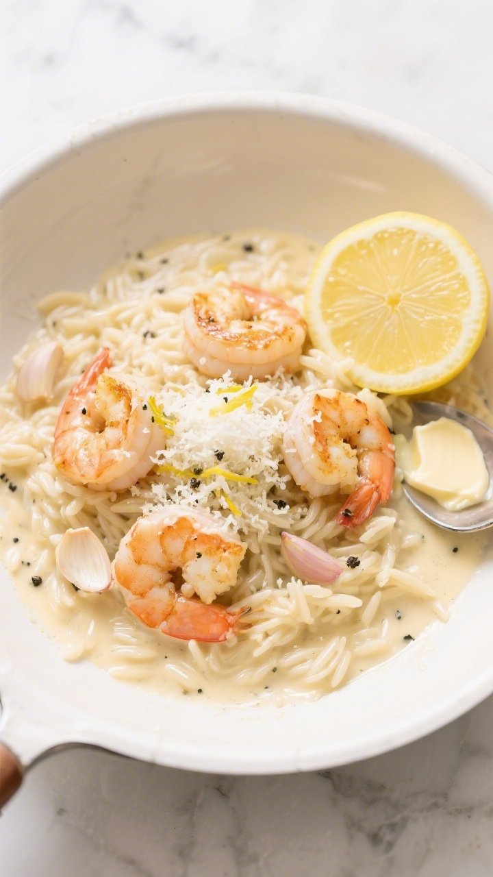 Overhead shot of a shallow white skillet filled with creamy lemon-Parmesan orzo, glossy and saucy, topped with garlicky shrimp just seared in butter and olive oil; visible minced garlic bits, flecks of black pepper, and a generous snowfall of grated Parmesan and lemon zest; a halved lemon and a small pat of butter melting at the pan’s edge; styled on a light marble surface with a spoon trail showing the orzo’s silkiness; warm, bright lighting to emphasize the creamy texture and the shrimp’s pink, garlicky sheen.