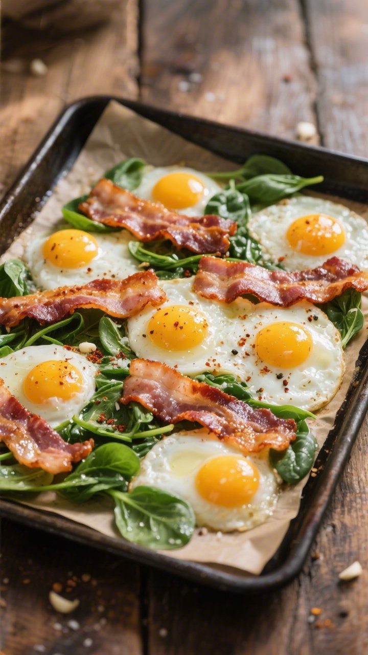 Overhead shot of a sheet pan fresh from the oven: thick-cut bacon strips rendered and glossy, six sunny-side-up eggs with set whites and runny yolks nestled among wilted baby spinach, all lightly slicked with olive oil and dusted with garlic powder, smoked paprika, salt, and black pepper; styled on a parchment-lined dark metal pan atop a rustic wooden table, warm morning light, minimal props, crisp textures of bacon contrasting with silky yolks and vibrant green spinach.