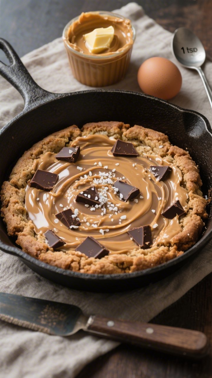 Overhead shot of a Skillet Peanut Butter Chocolate Chunk Cookie with a salted ripple, baked in a cast-iron pan; marbled ribbons of melted peanut butter across the surface, large chocolate chunks pooled and glossy, and visible sea salt flakes sparkling on top; nearby ingredients include melted-and-cooled unsalted butter in a heatproof cup, creamy peanut butter, packed light brown sugar, granulated sugar, 1 egg, and a teaspoon marked “1 tsp”; served on a linen with a pie server, moody natural light accentuating gooey center and crisp, bronzed edges.