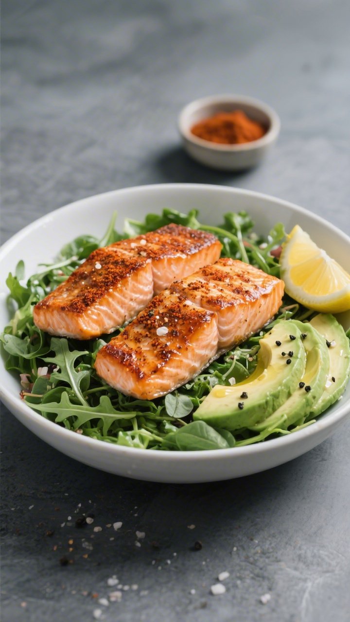 Overhead shot of a Smoky Salmon Power Bowl: two seared salmon fillets dusted with smoked paprika, garlic powder, sea salt, and black pepper, glistening with olive oil, nestled over a base of mixed crunchy greens (arugula, spinach, romaine) with sliced ripe avocado fanned on the side; sprinkle of black pepper and a light olive oil sheen, served in a wide white ceramic bowl on a matte slate surface with a lemon wedge and a small pinch bowl of smoked paprika nearby; fresh, clean, high-contrast lighting to emphasize the salmon’s crisp edges and the greens’ textures.
