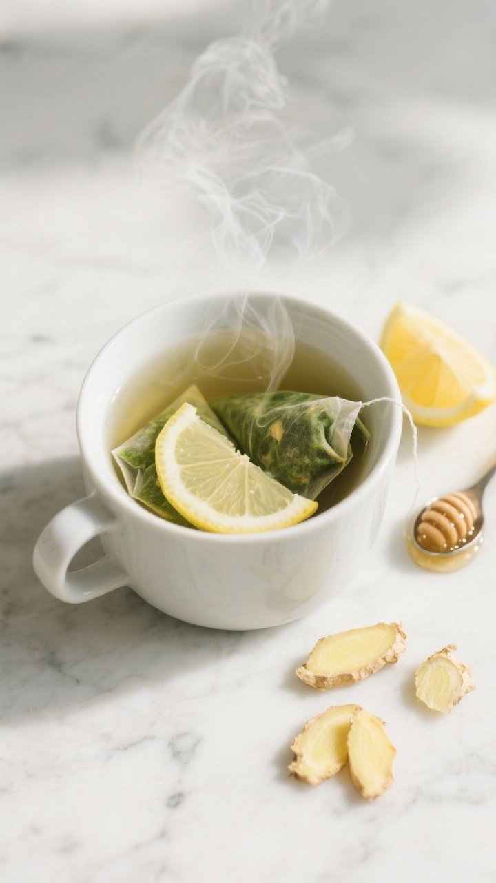 Overhead shot of a steaming mug of zesty ginger green tea tonic on a light marble surface: two green tea bags steeping in 2 cups hot water just off the boil, thinly sliced 1-inch fresh ginger fanning in the cup, a tablespoon splash of fresh lemon juice creating pale ribbons, a teaspoon drizzle of raw honey on a small spoon to the side, lemon wedge and extra ginger slices scattered; bright, clean, refreshing mood, soft morning light, minimal props, visible rising steam.