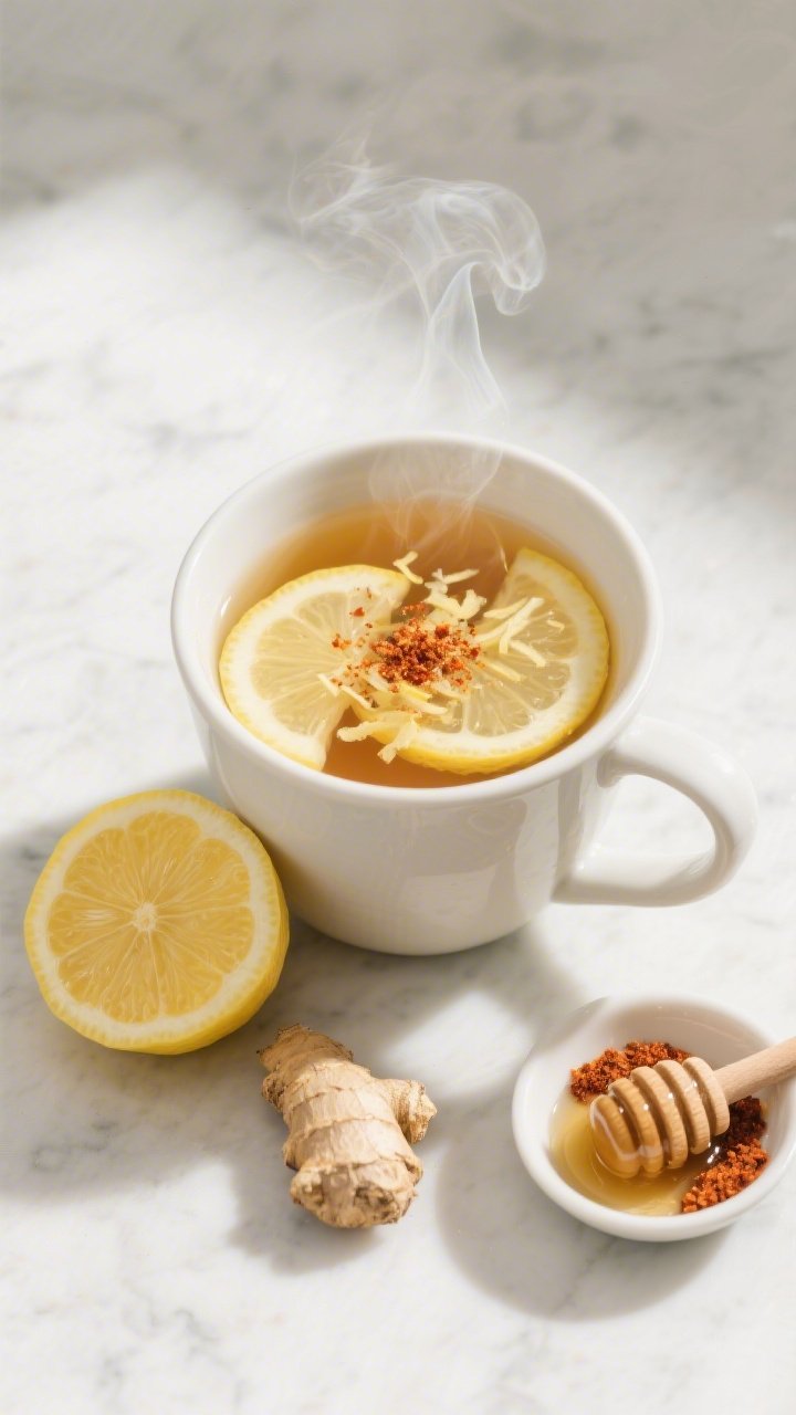 Overhead shot of a steaming mug of zesty lemon-ginger metabolism drink on a light marble surface: translucent warm water (~120°F) with thin lemon wheels floating, visible grated fresh ginger strands, a tiny swirl of raw honey dissolving, and a pinch of cayenne dusted on top; styled with a halved lemon, a small ginger knob with peel, a honey dipper with a drip, and a tiny pinch bowl of cayenne; bright morning light, crisp focus, minimalist wellness vibe, no people.