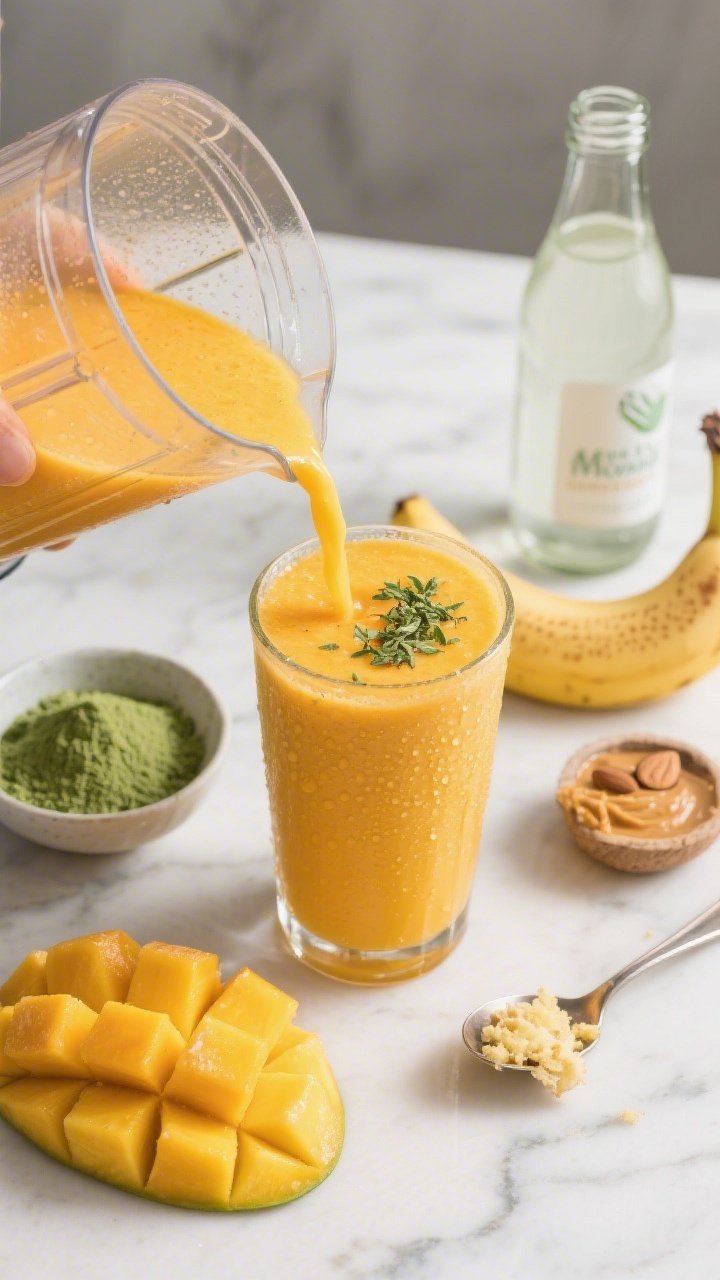 Overhead shot of a vibrant Sunrise Moringa Mango Smoothie being poured into a clear tall glass: frozen mango chunks and half a ripe banana beside the blender jar, a small bowl of moringa powder, a teaspoon of fresh grated ginger, almond butter in a spoon, and a chilled bottle of unsweetened coconut water; bright tropical color palette of sunny yellow-orange with a soft green moringa tint, frosty condensation on the glass, styled on a light marble surface with a few mango cubes and a sprinkle of moringa on top