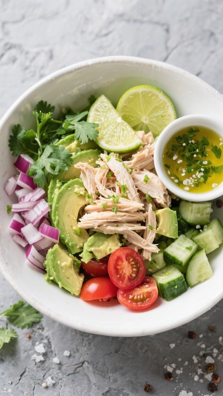 Overhead shot of a vibrant Zesty Lime Chicken & Avocado Power Bowl in a wide white ceramic bowl: shredded cooked chicken breast tossed with lime zest and juice, diced creamy avocados, diced English cucumber, halved cherry tomatoes, finely chopped red onion, and fresh cilantro leaves scattered on top; lime wedges on the side, a light glisten of olive oil, coarse sea salt, and cracked pepper; styled on a cool gray stone surface with a small ramekin of lime-cilantro dressing; bright, fresh, high-contrast lighting to emphasize greens, reds, and creamy avocado texture.