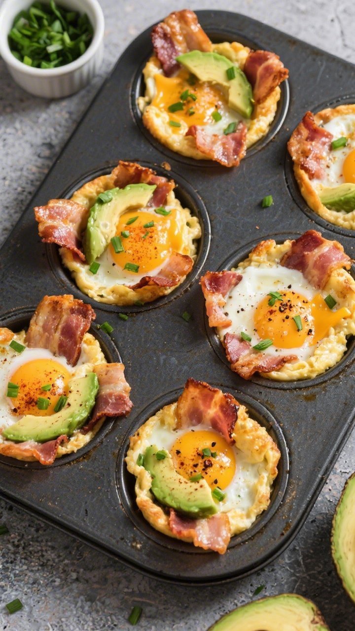 Overhead shot of Bacon, Egg & Avocado Cloud Cups just out of the oven: six thick-cut bacon slices curled into cup shapes in a dark nonstick muffin tin, each filled with soft-scrambled eggs (whisked with a splash of heavy cream for extra creaminess), melted cheddar/Gruyère on top, diced ripe avocado nestled into the centers, sprinkled with chopped chives and a pinch of smoked paprika and black pepper; golden, glossy bacon edges, lightly set eggs, styled on a cool gray stone surface with a small ramekin of extra chives and an avocado half nearby; crisp, high-contrast lighting, no people.