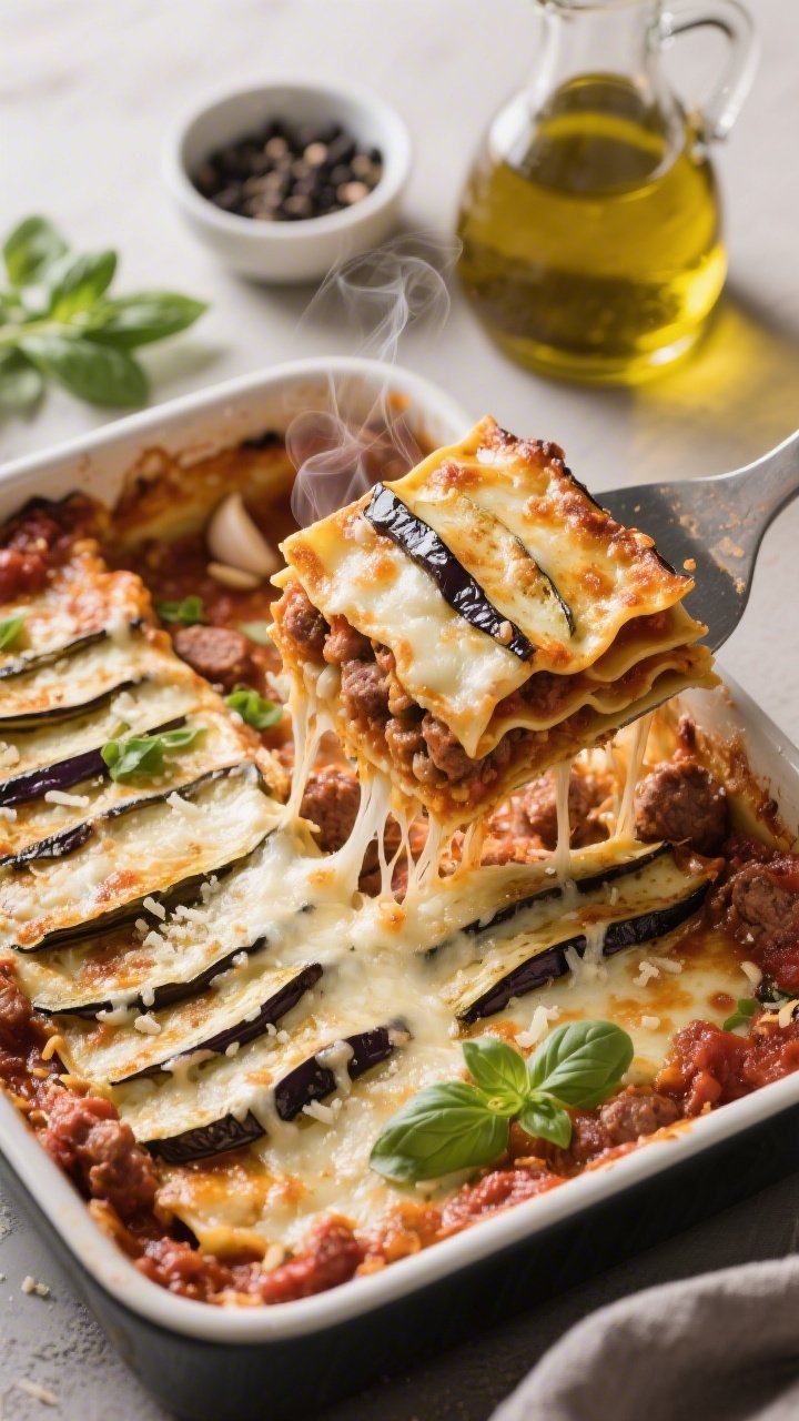Overhead shot of cheesy baked eggplant lasagna in a rectangular baking dish: neat layers of 1/4-inch eggplant planks brushed with olive oil, sausage marinara dotted with garlic, bubbling mozzarella and parmesan browned at the edges. A serving spatula lifting a square to reveal strata, with ribbons of steam. Scattered fresh basil, a small bowl of black pepper, and a carafe of olive oil nearby; warm, inviting Italian comfort mood.