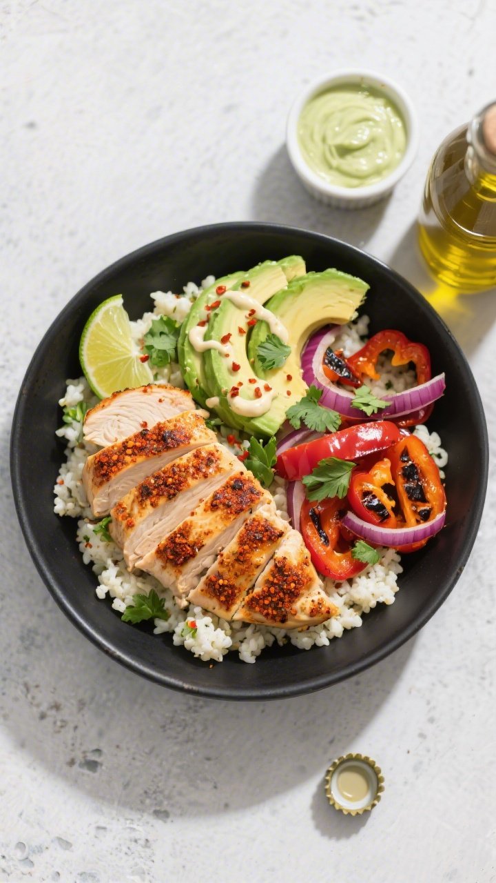 Overhead shot of Chile-Lime Chicken Power Bowls: sliced grilled chicken thighs rubbed with chili powder, smoked paprika, cumin, garlic powder, onion powder, and sea salt, arranged over cauliflower rice with charred bell peppers and red onion, fresh avocado fan topped with a silky avocado crema drizzle, lime wedges, chopped cilantro, and a sprinkle of chili flakes; styled in a matte black bowl on a light concrete surface with a small ramekin of avocado crema and a bottle-cap of olive oil nearby, vibrant, punchy colors, crisp textures, no people, professional studio lighting.