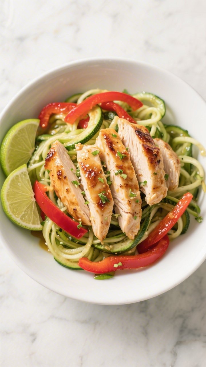 Overhead shot of Chili-Lime Chicken Zoodle Bowls: thinly sliced sautéed chicken breasts tossed with chili-lime juice and zest, spiralized zucchini zoodles, and thin red bell pepper strips in a wide white bowl; glossy avocado oil sheen, sprinkled lime zest, lime wedges on the side; vibrant greens and reds against a light marble surface, bright natural light, crisp textures, no people.