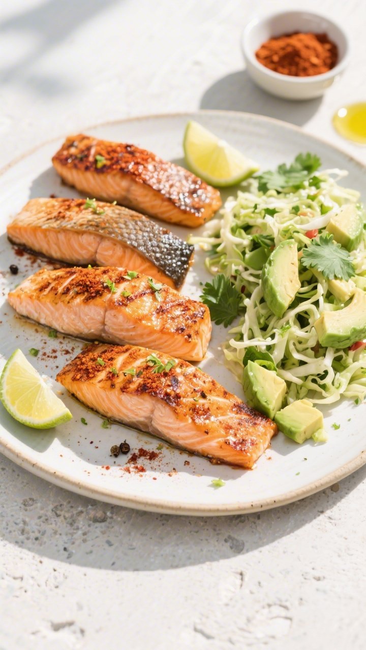 Overhead shot of chili-lime salmon with avocado cilantro slaw: four skin-on salmon fillets seared to a crispy, charred edge, dusted with chili powder, ground cumin, smoked paprika, sea salt, and black pepper, finished with lime zest and a squeeze of lime juice; beside them a vibrant slaw of ripe avocado chunks, shredded cabbage, fresh cilantro leaves, and extra lime zest, lightly glossed with avocado oil. Styled on a light ceramic platter with lime wedges, a small bowl of chili powder, and a drizzle of avocado oil on a matte stone surface; bright, sunny vacation mood, clean shadows, crisp textures of salmon skin and creamy avocado contrast.