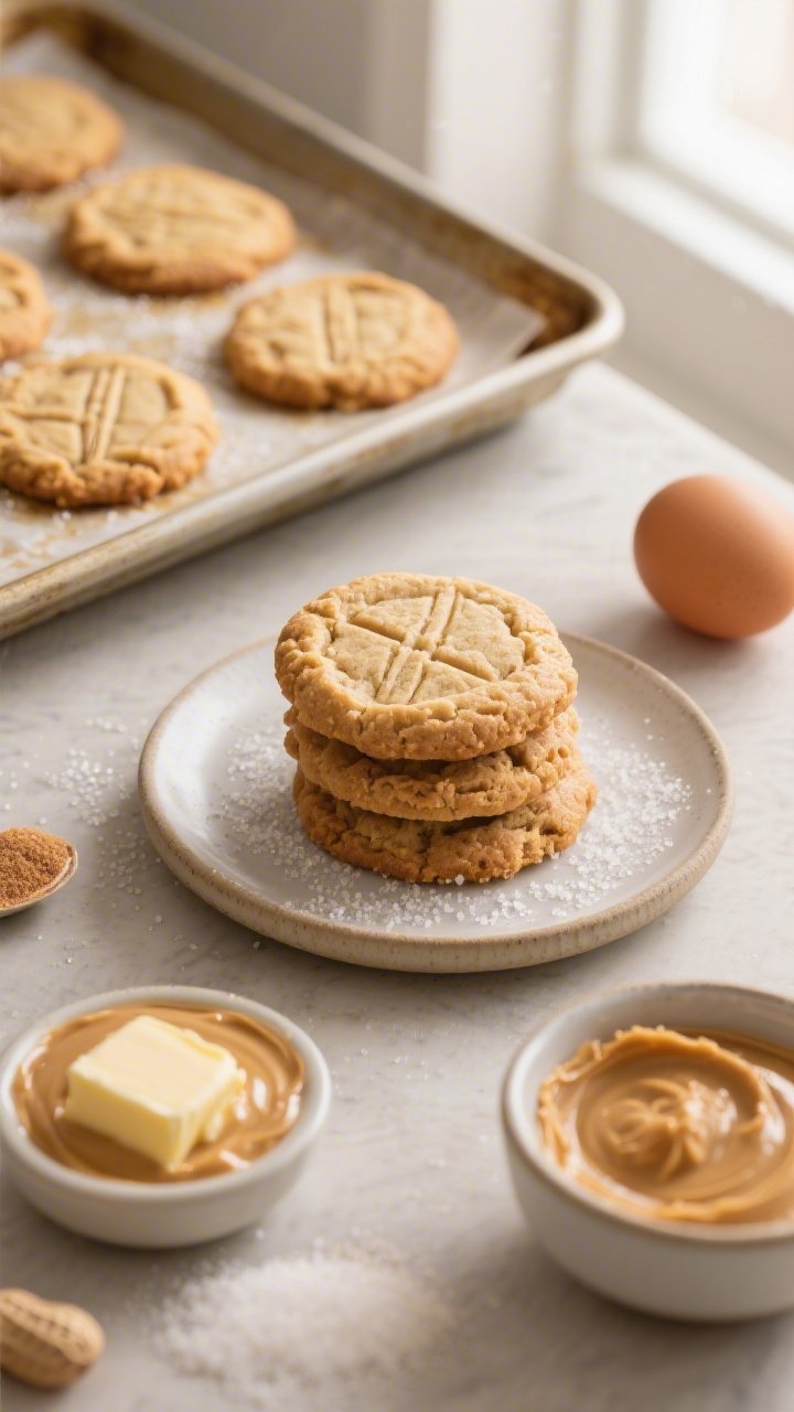 Overhead shot of classic bakery-style peanut butter cookies just out of the oven on a parchment-lined sheet pan: golden edges, soft and chewy centers, visible crisscross fork marks dusted with a whisper of granulated sugar sparkle. Include a small bowl of creamy peanut butter, softened unsalted butter pat, granulated sugar, light brown sugar, and a room-temperature egg nearby as styling elements. Warm, natural window light, neutral ceramic plate with a few cookies stacked to show thickness and melt-in-your-mouth crumb, shallow depth of field, no people.