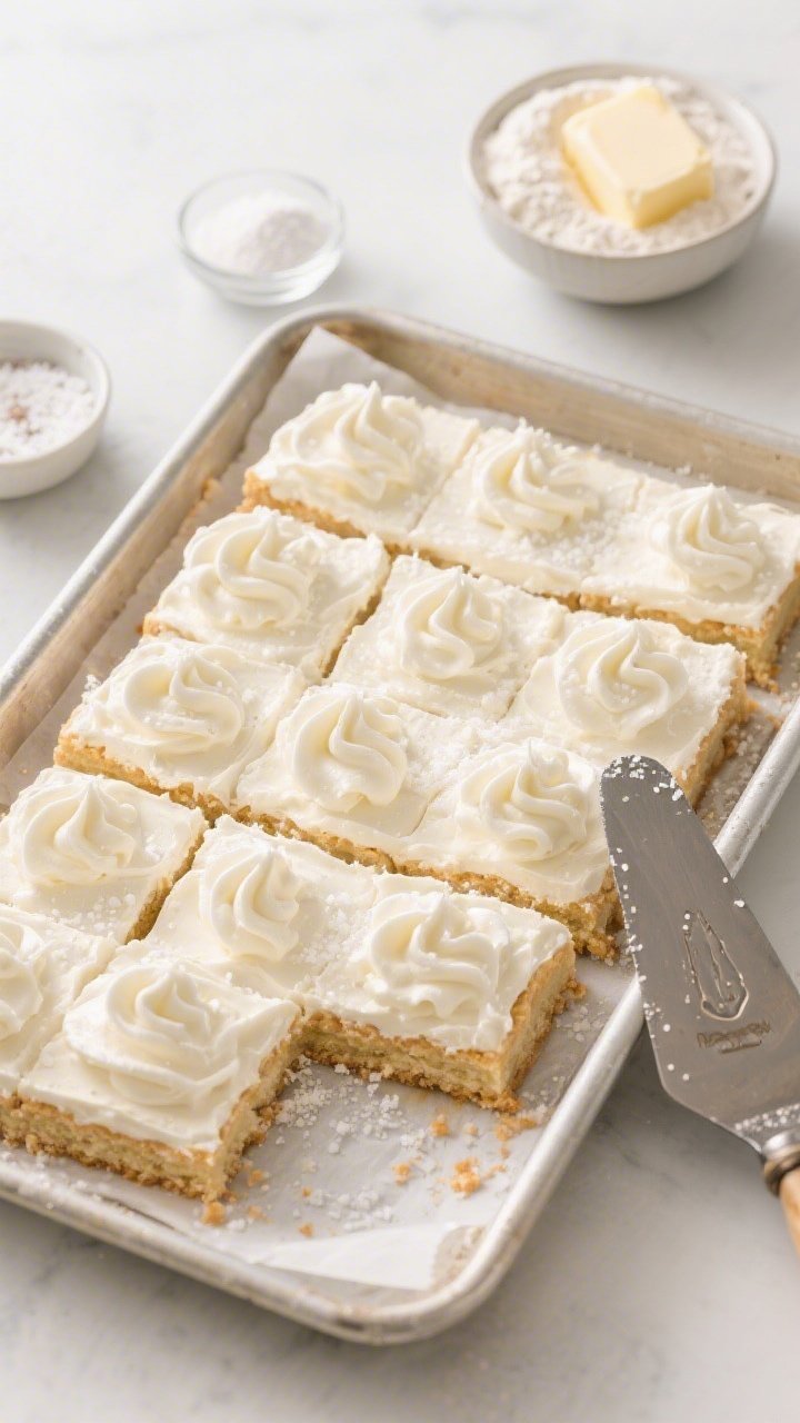 Overhead shot of Classic Bakery-Style Sugar Cookie Bars freshly sliced in a neat grid on a parchment-lined metal baking pan, topped with thick whipped vanilla frosting and a light shower of white sanding sugar. Include a small bowl of all-purpose flour, a pat of softened unsalted butter, a pinch bowl of cornstarch, baking powder, and fine sea salt at the frame edge, plus a metal offset spatula with frosting swirls. Soft morning light, neutral backdrop, crisp textures: pale golden bar base with tender crumb and glossy vanilla frosting peaks.