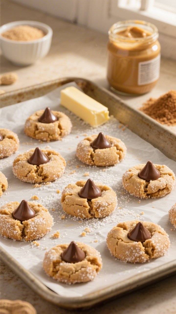 Overhead shot of classic, sugar-rolled peanut butter blossom cookies just out of the oven on a parchment-lined baking sheet, each topped with a glossy milk chocolate kiss pressed into the crackly surface; include a small bowl of granulated sugar for rolling, a stick of softened unsalted butter, a jar of creamy peanut butter, and a brown sugar mound nearby; warm golden tones, soft window light, shallow crumbs and fine sugar crystals visible, no people.