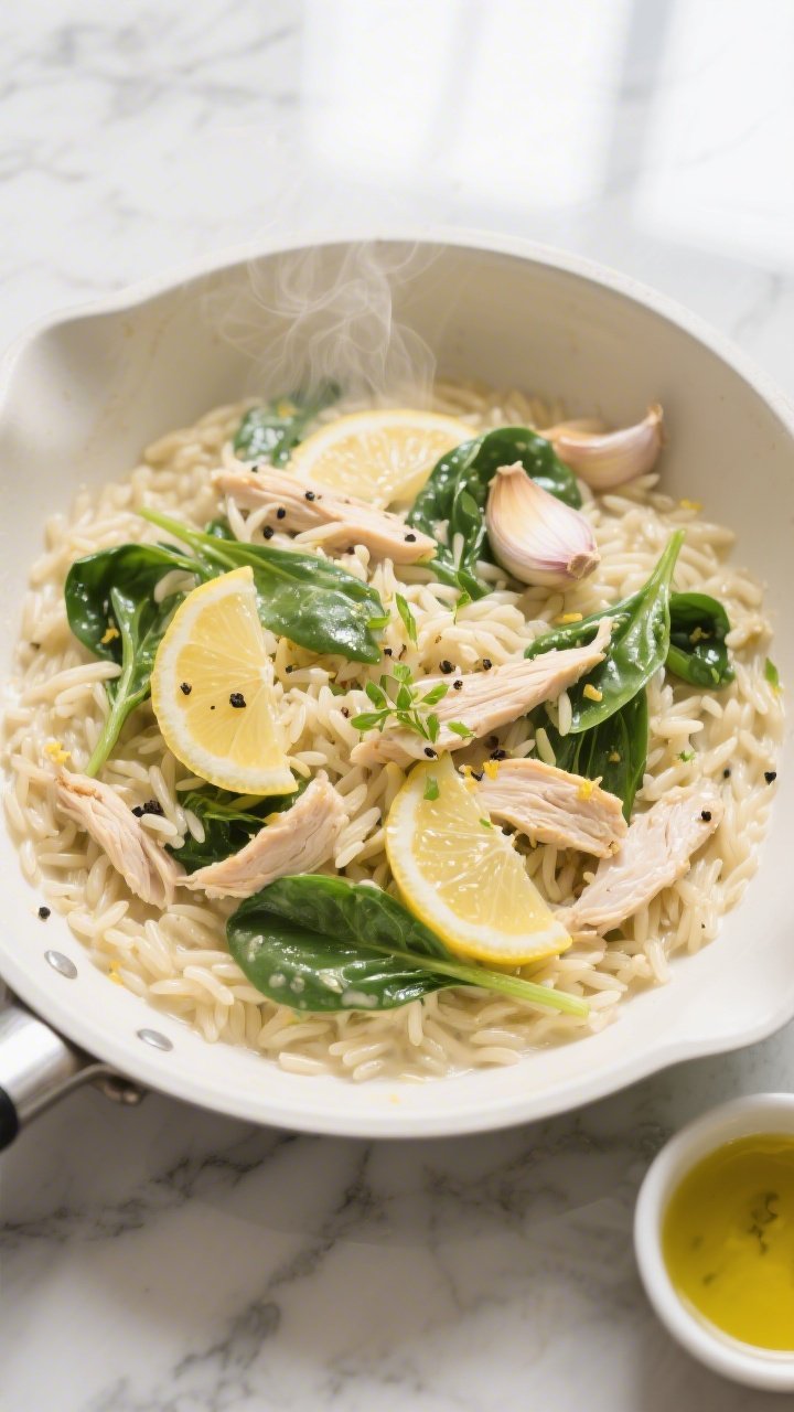 Overhead shot of creamy lemon garlic orzo in a shallow white skillet: glossy orzo coated in a pale lemon-garlic sauce, folded with ribbons of wilted baby spinach and tender shreds of rotisserie chicken, garnished with micro lemon zest and cracked black pepper; a drizzle of olive oil glistening on top, garlic cloves and a small bowl of chicken broth visible at the edge; soft window light, marble backdrop, steam subtly rising.