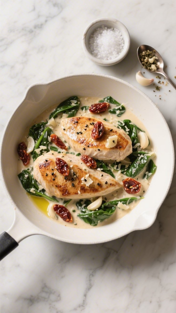 Overhead shot of Creamy Tuscan Garlic Chicken just plated: seared boneless skinless chicken breasts in a glossy parmesan cream sauce studded with minced garlic, Italian seasoning, sun-dried tomatoes, and wilted spinach, garnished with cracked black pepper and a drizzle of olive oil; served in a shallow white skillet on a marble surface with a small bowl of kosher salt, a spoonful of minced garlic, and Italian seasoning scattered; warm date-night mood, soft side light, high contrast, professional food styling.