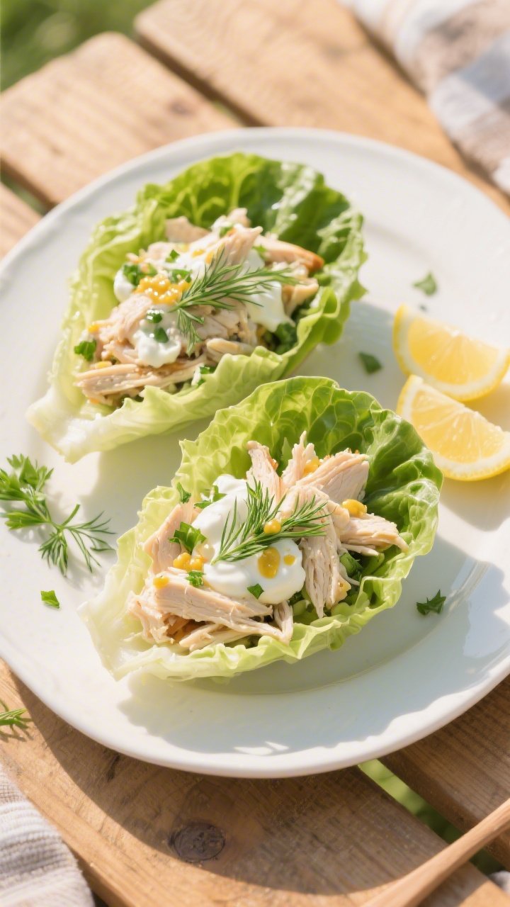 Overhead shot of crisp romaine lettuce boats filled with herby chicken salad on a white platter: visible chunks of shredded rotisserie chicken bound with a mix of plain Greek yogurt and a touch of mayonnaise, flecked with Dijon mustard, lemon juice, honey sheen, and finely chopped fresh herbs; garnished with extra dill and parsley, lemon wedges on the side, light picnic mood on a sunlit wooden table, soft shadows, high detail, no people.
