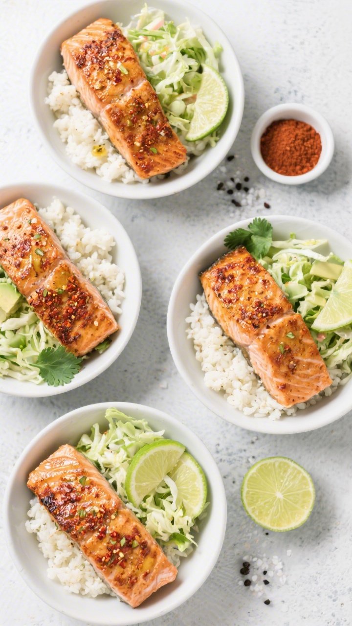 Overhead shot of crispy chili-lime salmon bowls: four seared, skin-on salmon fillets with paprika-chili-garlic crust, flaky and glistening with avocado oil, served over fluffy cauliflower rice and a vibrant power slaw with shredded cabbage, lime wedges, and fresh cilantro; sprinkle of sea salt and black pepper visible; styled in matte white bowls on a light concrete surface with a small ramekin of chili powder, smoked paprika, and a halved lime; bright, zesty mood, clean natural light, no people.