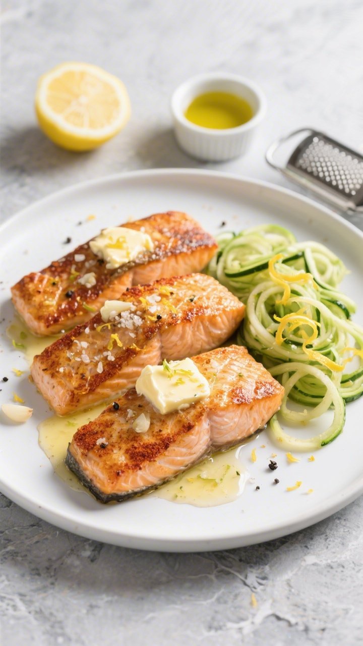 Overhead shot of crispy garlic butter salmon fillets, skin-on and seared golden with smoked paprika, nestled beside vibrant lemon zoodles. Visible elements: 4 salmon fillets with blistered edges, melted pools of unsalted butter infused with minced garlic, fresh lemon zest sprinkled on top, coarse sea salt and cracked black pepper flakes. Styled on a matte white plate over a cool gray stone surface, with a small ramekin of avocado oil and a zester with curls of lemon zest nearby. Bright, clean lighting to emphasize the glossy butter sheen and salmon crispness; no people, minimal props.