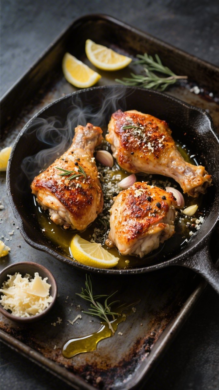Overhead shot of crispy garlic-parmesan chicken thighs just out of the oven on a cast-iron skillet: bone-in, skin-on thighs with deeply browned, crackling skin dusted with garlic powder, smoked paprika, dried thyme, kosher salt, and black pepper, finished with a glossy lemon-butter drizzle pooling around the edges; scattered lemon wedges, a small bowl of grated Parmesan, and a drizzle trail of olive oil on a dark rustic baking sheet; moody lighting, sharp textures on the blistered skin, steam subtly rising.