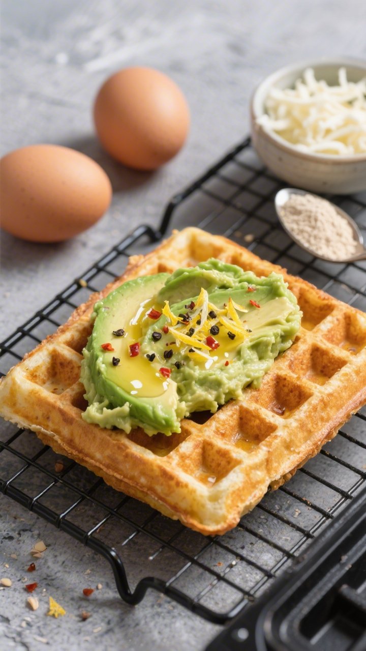 Overhead shot of crispy golden chaffles fresh from a mini waffle maker on a matte black cooling rack, topped with creamy mashed ripe avocado, a glossy drizzle of extra-virgin olive oil, lemon zest, chili flakes, and cracked black pepper; side props include two large eggs, a small bowl of shredded low-moisture part-skim mozzarella, a spoonful of almond flour, and a pinch of baking powder on a cool gray stone surface, highlighting the crunchy grid texture of the chaffle and the vibrant green avocado.