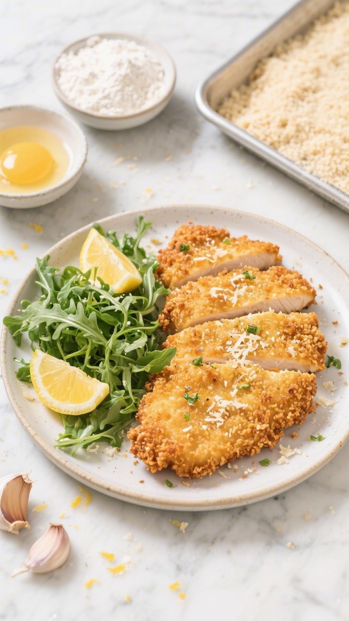 Overhead shot of crispy lemon-garlic chicken cutlets just fried to golden perfection, coated in panko and grated Parmesan with visible flecks, served alongside a bright herby arugula salad lightly dressed with lemon; include halved lemons, smashed garlic cloves, a shallow bowl of flour, a bowl of beaten eggs, and a tray of panko-Parmesan breading to show the dredging setup; styled on a light marble surface with crumbs and zest scattered, clean natural light, high contrast to emphasize crunch.