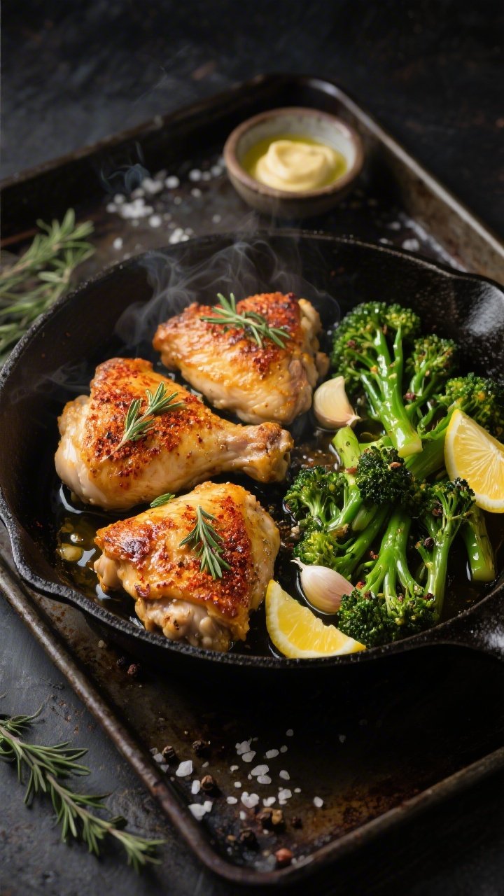 Overhead shot of crispy lemon herb chicken thighs just out of the oven on a cast-iron skillet: golden, blistered skin with visible smoked paprika and garlic powder crust, sprinkled with fresh thyme leaves; alongside vibrant garlic butter broccolini glistening in olive oil, with lemon wedges and cracked black pepper. Styled on a dark rustic baking sheet with kosher salt pinch bowl and a small dish of melted garlic butter; moody lighting emphasizing crackling skin and steam.
