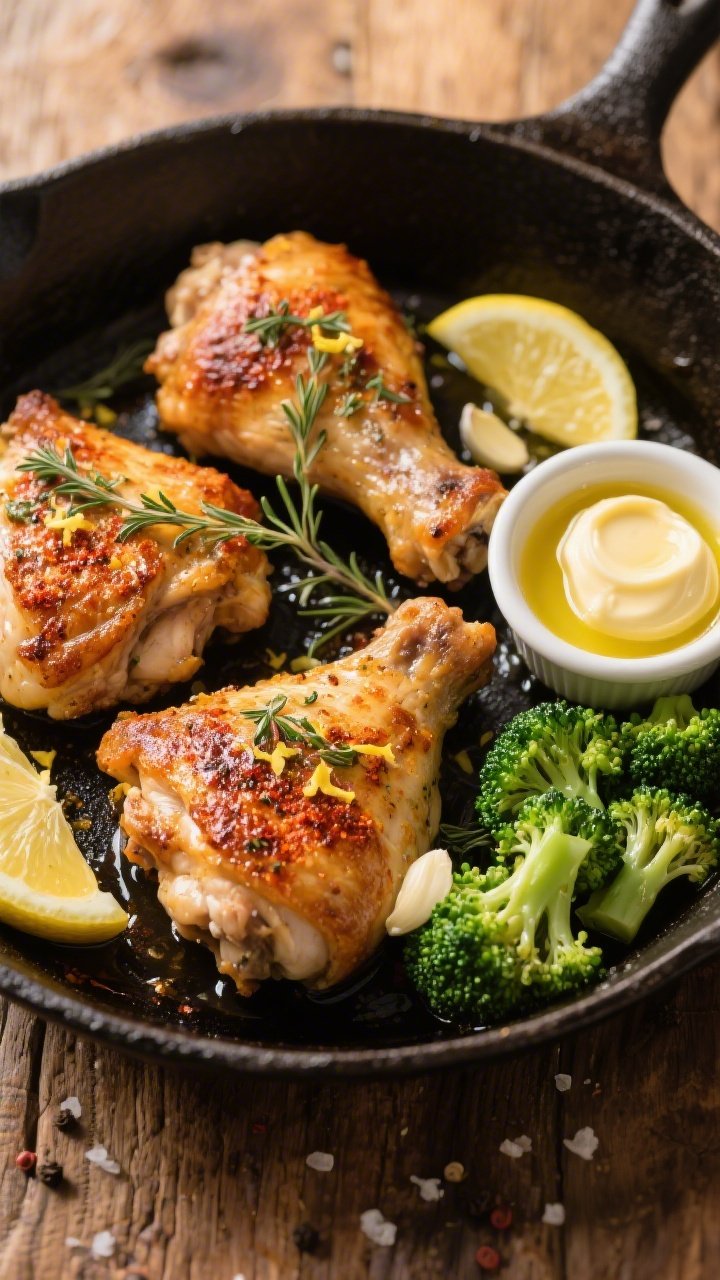 Overhead shot of crispy lemon-herb chicken thighs fresh from the oven on a cast-iron skillet, skin blistered and golden with visible paprika, oregano, thyme, and lemon zest; lemon wedges scattered, a small ramekin of melted garlic butter alongside glossy, vibrant green broccoli florets tossed in garlic butter; styled on a warm rustic wooden surface with a light olive oil sheen and a pinch of sea salt and black pepper visible.