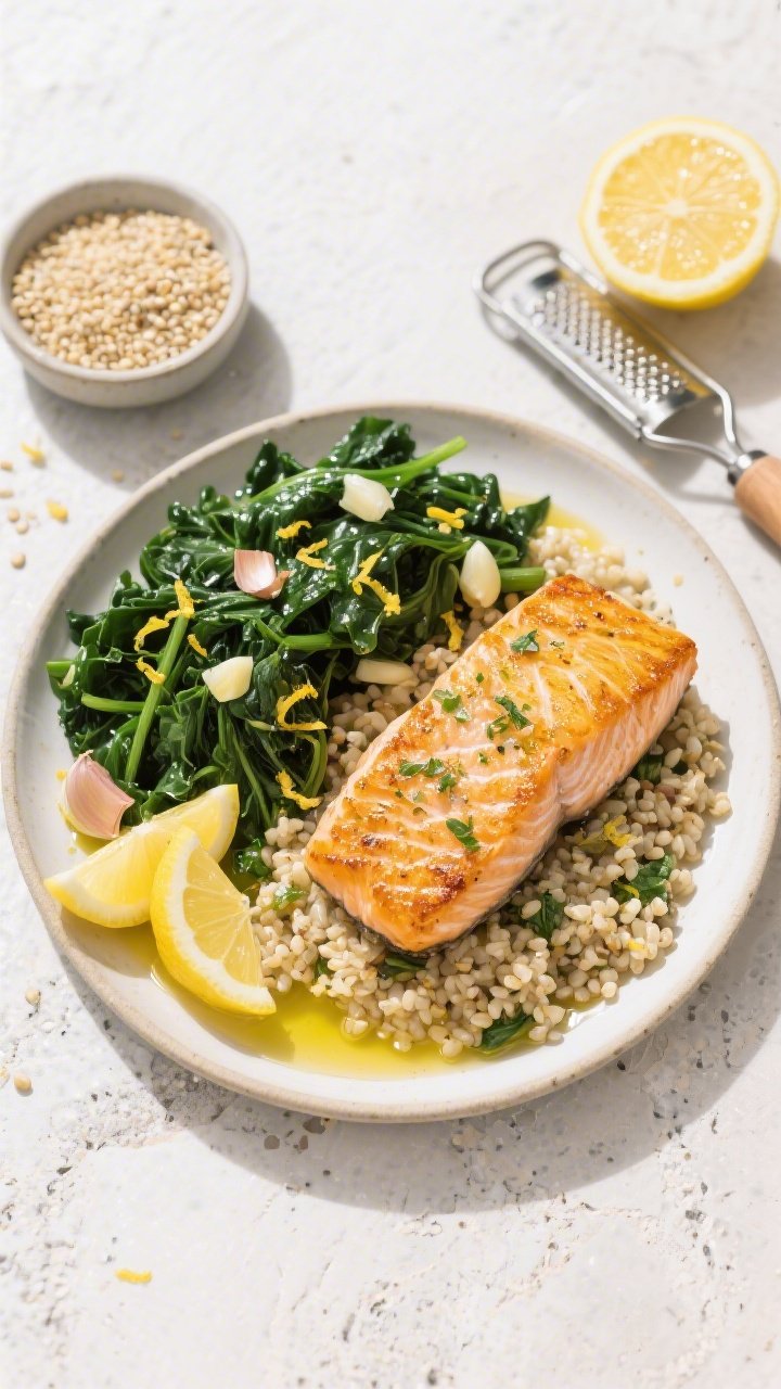 Overhead shot of crispy lemon-herb salmon fillets, skin-on and seared golden at the edges, plated over fluffy quinoa cooked in vegetable broth, with garlicky sautéed greens (kale and spinach) nestled alongside. Bright lemon zest scattered, lemon wedges and a small pool of olive oil glistening; minced garlic bits visible on the greens. Styled on a light stone surface with a small bowl of quinoa, a zester, and a cut lemon, clean, fresh, vibrant, high-contrast lighting, professional food styling.