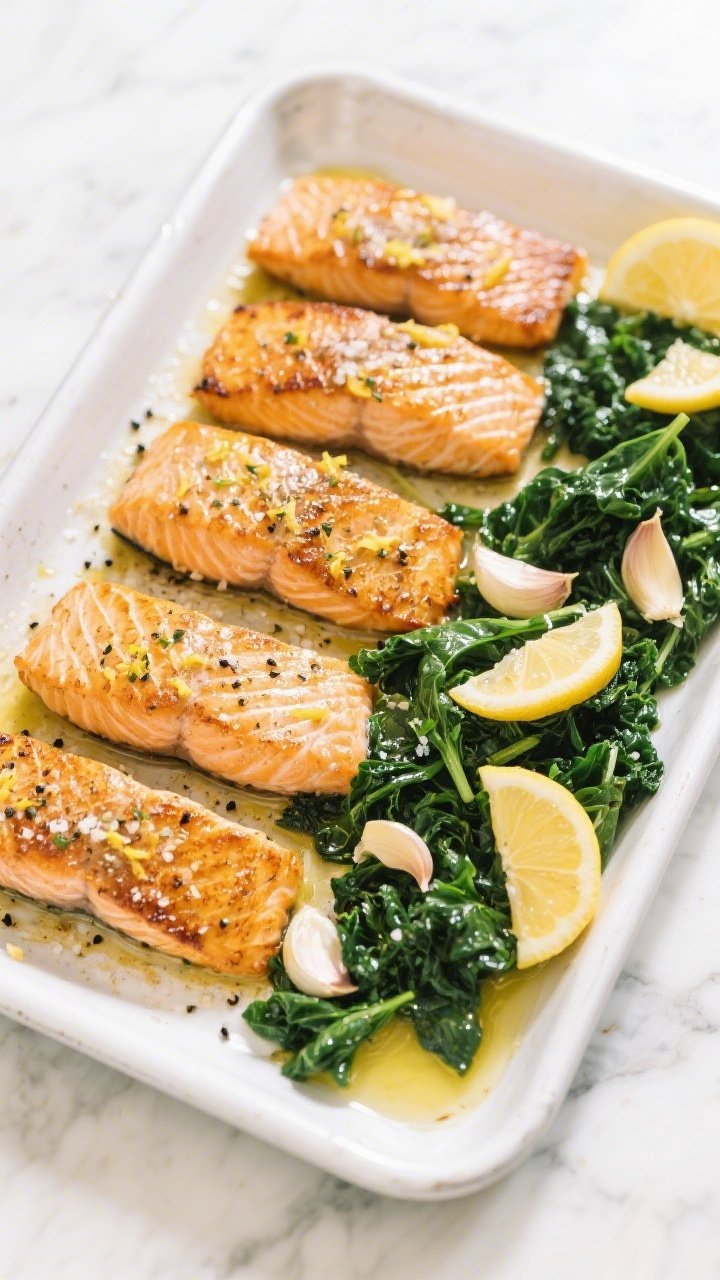 Overhead shot of crispy lemon-herb salmon: four golden, skin-on salmon fillets with blistered, crackly skin and lemon zest, sprinkled with kosher salt and black pepper, nestled beside glossy garlicky greens (baby kale and spinach wilted in olive oil with sliced garlic), lemon wedges scattered, a light olive oil sheen, on a white enamel sheet pan over a marble surface, bright natural light for a fresh, zesty mood