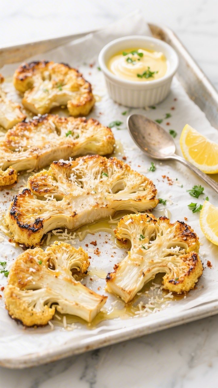 Overhead shot of crispy Parmesan cauliflower steaks just out of the oven: four 1-inch-thick cauliflower slabs on a parchment-lined sheet pan, deeply golden with a grated Parmesan crust, edges charred, brushed with olive oil and seasoned with garlic powder, smoked paprika, and sea salt. A small ramekin of melting lemon-herb butter (flecks of parsley and lemon zest visible) with a spoon resting nearby; lemon wedges and a sprinkle of fresh parsley scattered. Shot on a light marble surface, bright natural light, high contrast to emphasize crunchy texture.