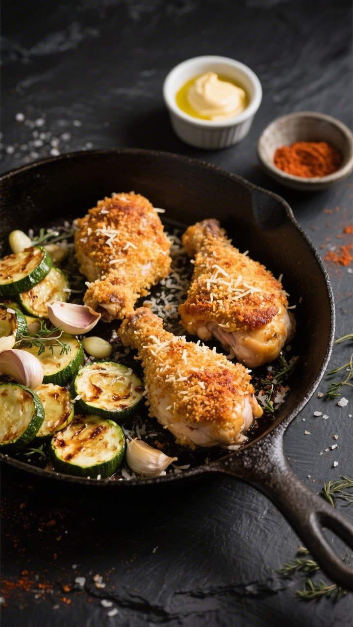 Overhead shot of crispy Parmesan-crusted chicken thighs just out of the oven on a cast-iron skillet, golden rendered skin dusted with grated Parmesan, smoked paprika, garlic powder, onion powder, dried thyme, and sea salt; on the side, glossy garlic-butter sautéed zucchini rounds with caramelized edges. Styled on a dark slate surface with a small ramekin of melted garlic butter and a pinch bowl of smoked paprika; warm, contrasty lighting emphasizing crunchy skin and buttery sheen.