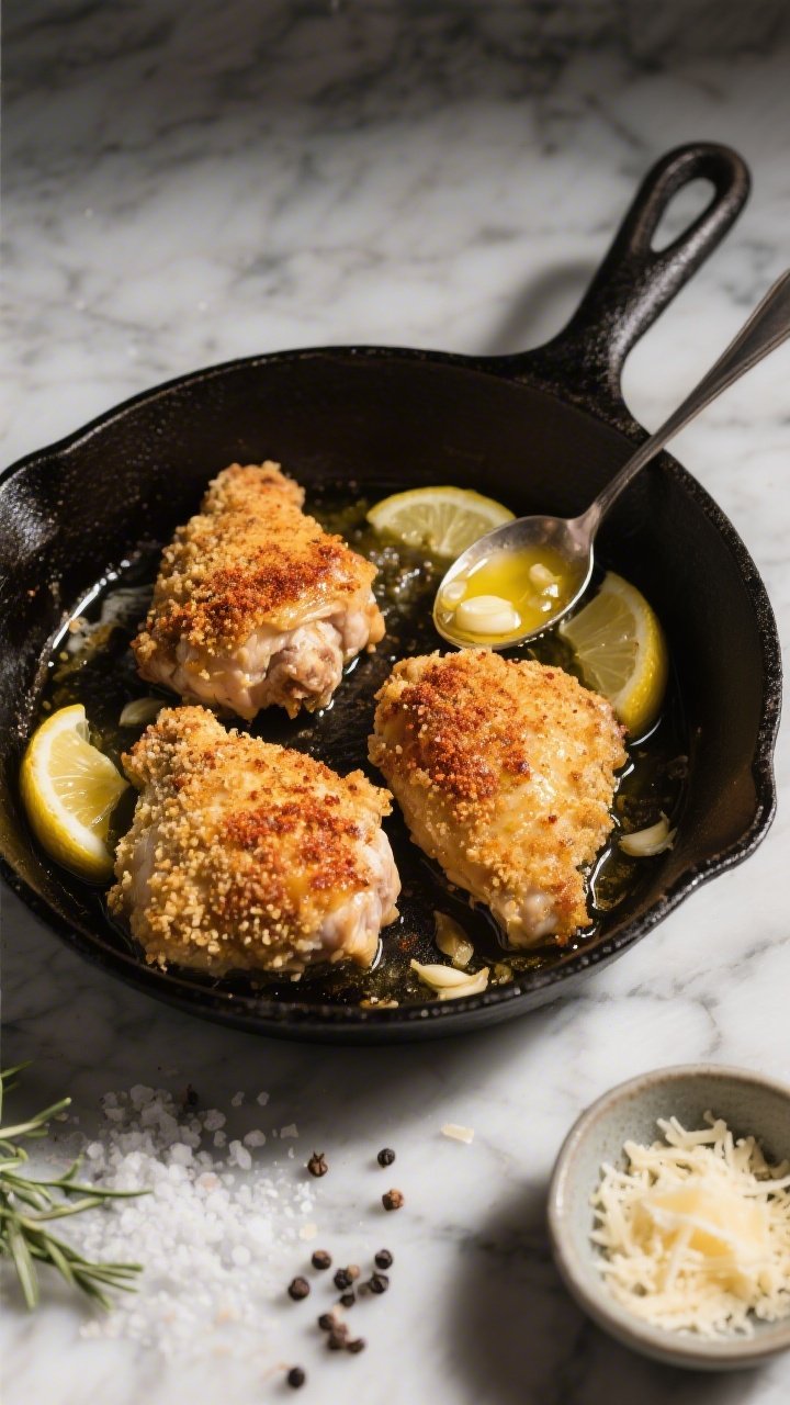 Overhead shot of crispy parmesan-crusted chicken thighs sizzling in a cast-iron skillet, skin-on and deeply golden with smoked paprika and garlic powder speckling the surface; spooned with glossy garlicky lemon butter and a few lemon wedges in the pan; salt, black pepper, and a small bowl of grated Parmesan visible on a marble surface; moody directional light highlighting crackling skin and melted butter pools.