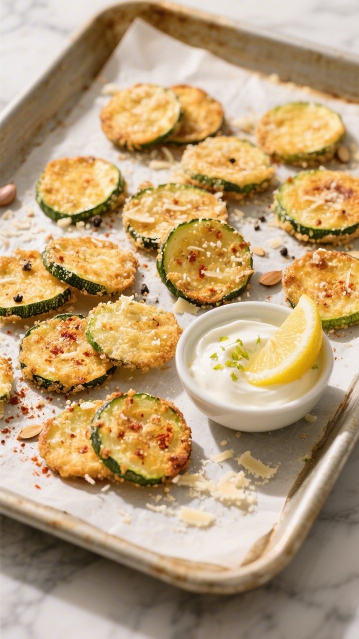 Overhead shot of crispy Parmesan zucchini chips just out of the oven on a parchment-lined sheet pan: 1/8-inch zucchini rounds coated in a golden mix of finely grated Parmesan, almond flour, garlic powder, and smoked paprika, with flecks of salt and black pepper; a small bowl of zesty lemon yogurt dip on the side (thick Greek yogurt with lemon zest and a lemon wedge for garnish), scattered crumbs of Parmesan and paprika dusting, warm neutral light, shallow shadows, rustic marble surface, no people, ultra-crisp texture emphasized.