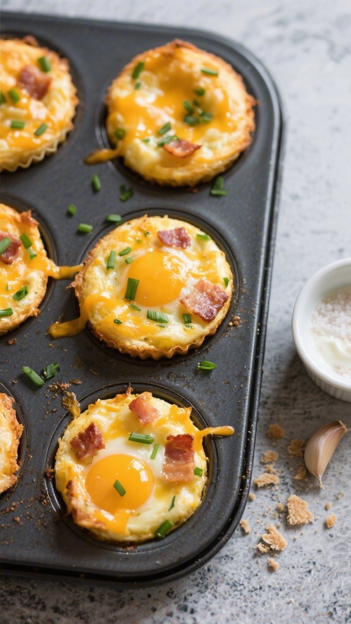 Overhead shot of freshly baked cheddar-chive egg bites on a dark nonstick muffin tray, golden tops bubbling with melted sharp cheddar, flecks of finely chopped chives throughout, bits of diced cooked bacon peeking out, a small bowl of heavy cream and a ramekin of garlic powder and salt on the side, crumbs on a cool gray stone surface, soft morning light, crisp focus on the cheesy, custardy texture