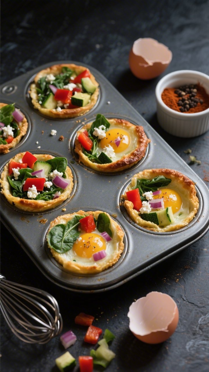 Overhead shot of freshly baked smoky veggie egg cups in a nonstick muffin tin on a dark metal sheet, golden edges with visible chopped baby spinach, diced red bell pepper, diced zucchini, crumbled feta, and flecks of minced red onion; a small ramekin of smoked paprika and black pepper nearby to suggest smokiness; a few eggshells, a whisk, and scattered chopped veggies for context; moody morning light, crisp focus, high contrast, no people.