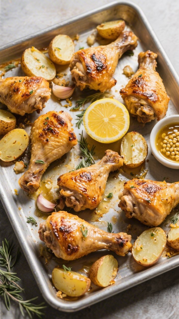 Overhead shot of garlicky lemon roast chicken thighs on a sheet pan: 8 bone-in, skin-on thighs with deeply rendered, blistered golden skin nestled among halved baby Yukon Gold potatoes that are shattered-crispy on the edges. Visible lemon zest and a glossy lemon-Dijon-garlic glaze clinging to the chicken, charred garlic bits, and a halved lemon on the pan. Styled on a brushed metal surface with a small bowl of Dijon, lemon wedges, and scattered thyme leaves. Hard side light to emphasize crackling textures; no people.