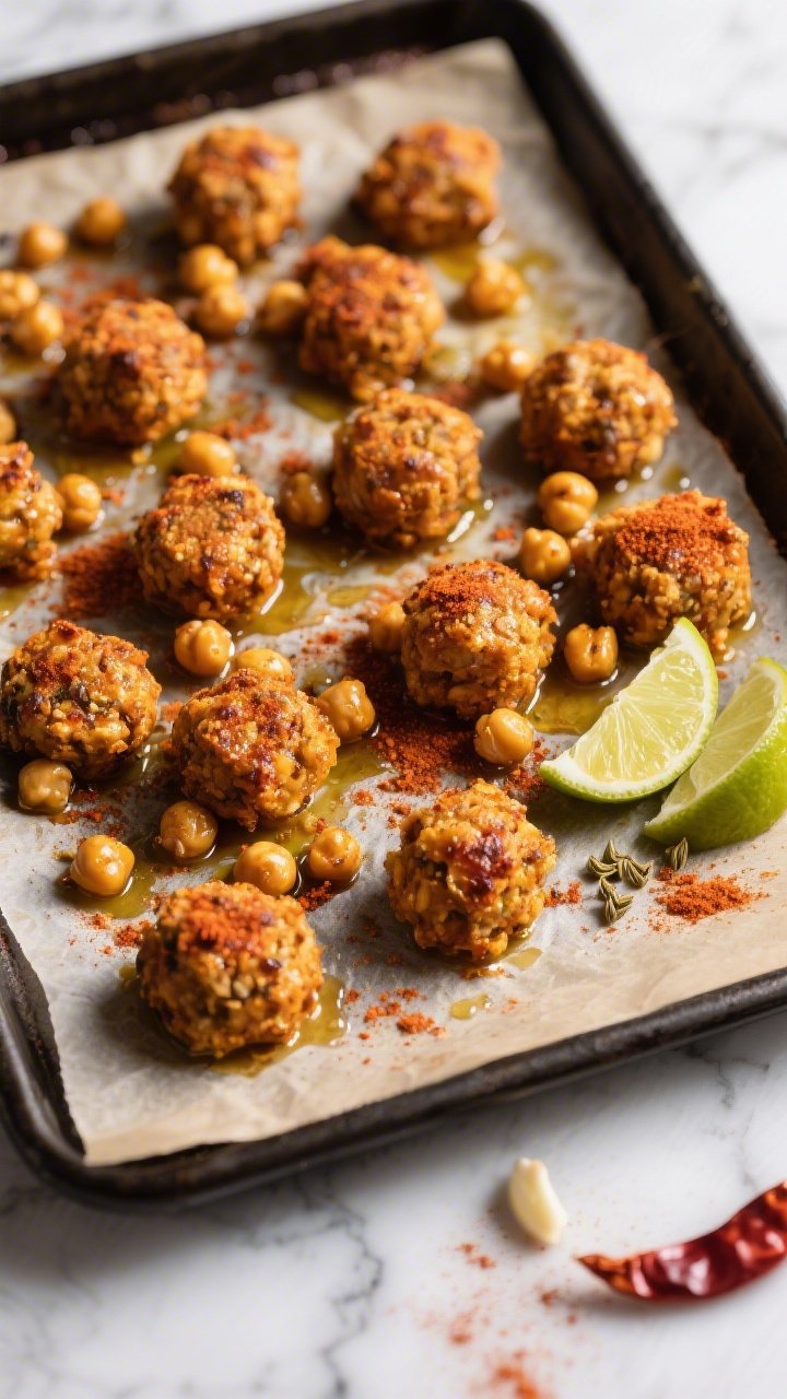 Overhead shot of roasted Crunchy Chili-Lime Chickpea Power Bites fresh from the oven on a parchment-lined sheet pan: golden-brown crispy chickpeas glistening with olive oil, dusted with chili powder, smoked paprika, garlic powder, and a hint of ground cumin; lime wedges and scattered chili powder nearby; dark baking tray on a light marble surface, crunchy texture emphasized, moody natural side light, no people.