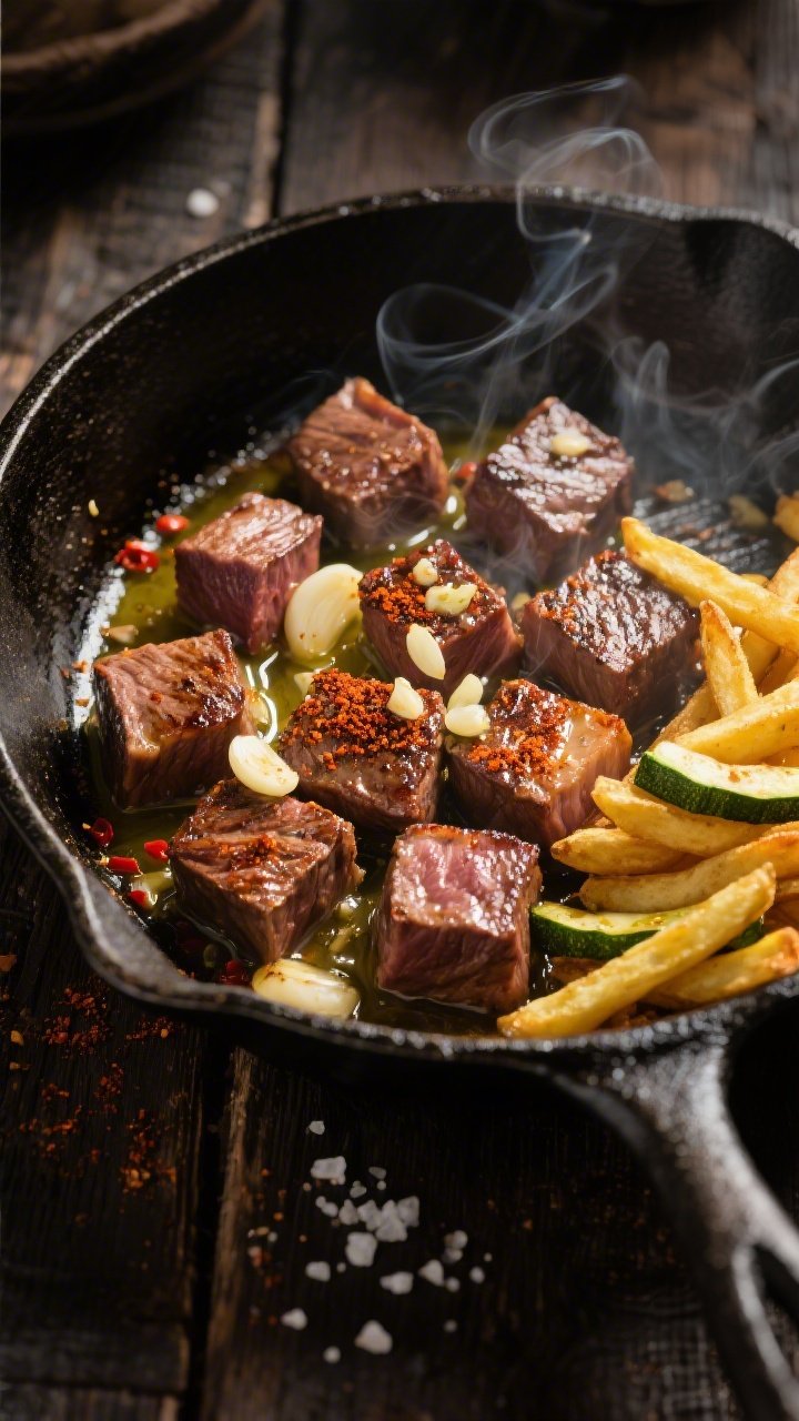 Overhead shot of sizzling garlic butter steak bites in a cast-iron skillet, browned 1-inch sirloin cubes glistening in melted butter and olive oil, with visible minced garlic, a dusting of smoked paprika, and a hint of crushed red pepper flakes; golden zucchini “fries” stacked on the side of the skillet, sea salt crystals visible; dark rustic wood surface, moody lighting, steam rising, crisp textures and caramelized edges in sharp focus.