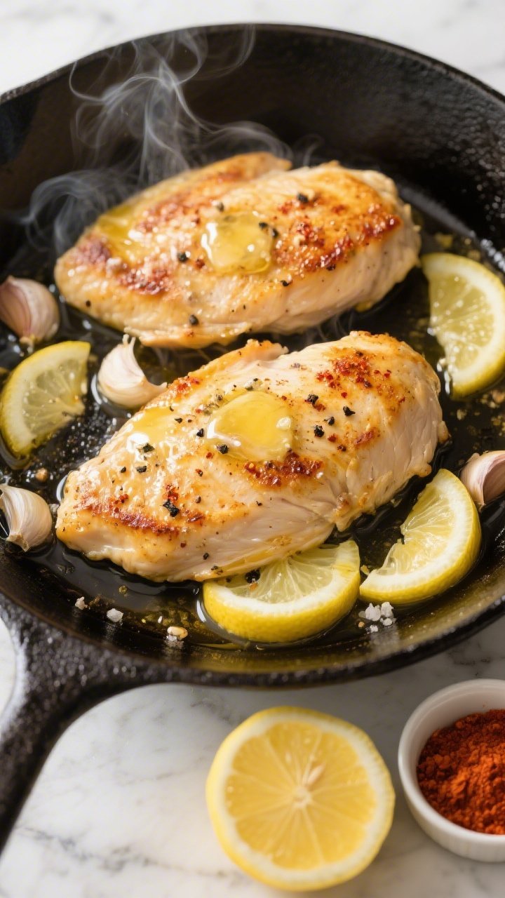 Overhead shot of skillet lemon-garlic chicken finishing in a black cast-iron pan: golden seared boneless skinless chicken breasts (pounded even) glistening with melted butter, olive oil sheen, specks of kosher salt, black pepper, and paprika; lemon slices and smashed garlic cloves sizzling in the butter with a glossy pan sauce pooling; steam rising, set on a light marble surface with a small ramekin of paprika and a halved lemon nearby, crisp highlights for a juicy, just-cooked look.