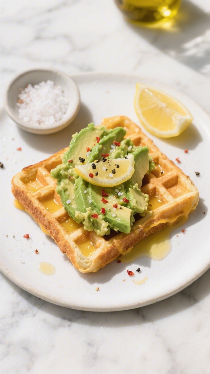 Overhead shot of smashed avocado “toast” on golden cheesy chaffles: crisp, grid-textured chaffles topped with chunky avocado mash glistening with extra-virgin olive oil, fresh lemon juice, sea salt, black pepper, and red pepper flakes. Styled on a white ceramic plate with a small dish of flaky sea salt, lemon wedges, and a drizzle of olive oil nearby; clean brunch vibe on a marble surface, natural daylight, shallow shadows, vibrant green avocado against warm cheddar tones, no people.