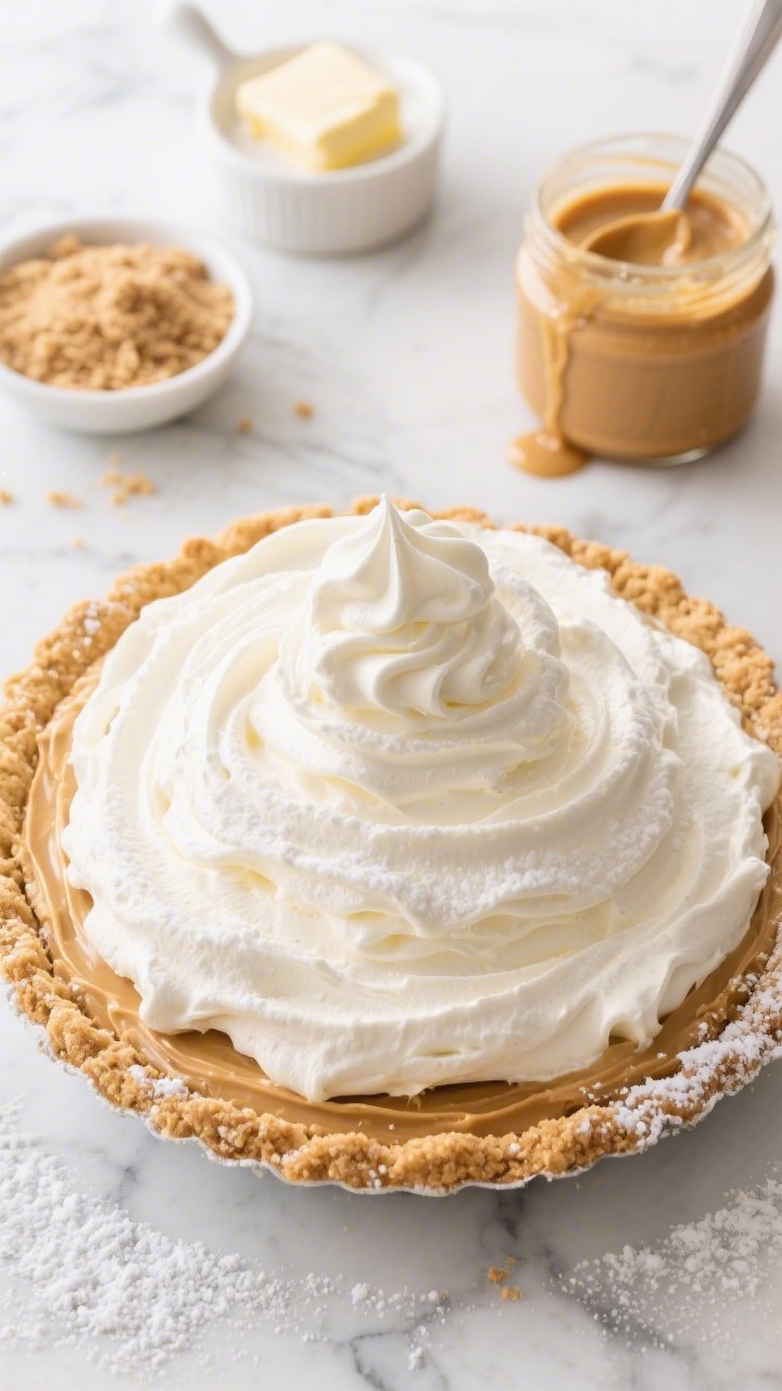 Overhead shot of The Classic No-Bake Peanut Butter Cloud Pie: a tall, fluffy peanut butter filling made from cream cheese, creamy peanut butter, and powdered sugar piled into a golden graham cracker crust (graham crumbs, melted unsalted butter, a hint of granulated sugar), topped with soft swirls and a light dusting of powdered sugar. Styled on a cool marble surface with a small bowl of graham crumbs, a butter dish with a few melted drips, and a jar of creamy peanut butter with a spoon trail; bright, airy lighting to emphasize the cloud-like texture.