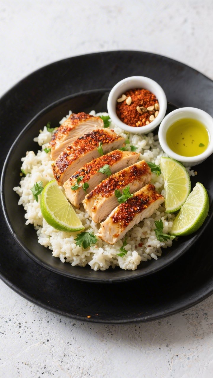 Overhead shot of Zesty Chili-Lime Chicken Bowls: thinly sliced boneless skinless chicken breasts seared in avocado oil with a vivid chili powder, smoked paprika, cumin, garlic and onion powder crust, served over fluffy cauliflower rice. Garnish with fresh lime wedges and a sprinkle of chopped cilantro for a zesty pop. Side ramekins hold the spice blend, and a small drizzle of avocado oil glistens on the chicken. Bright, high-contrast lighting on a matte black plate over a light concrete surface to highlight the char and texture, no people.