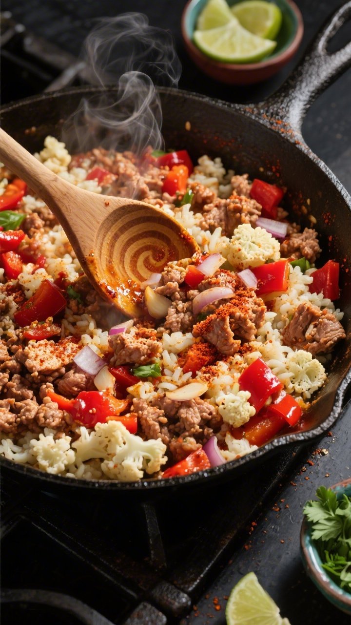 Overhead skillet action shot of turkey taco skillet with cauli-rice: lean ground turkey crumbles seared with diced onion, red bell pepper, and minced garlic, dusted with chili powder, ground cumin, and smoked paprika; riced cauliflower stirred in to absorb the spiced juices; vivid reds and golds, steam rising, wooden spoon creating a swirl pattern; cast-iron skillet on a dark stovetop with small condiment bowls of lime wedges and cilantro nearby for a fiesta vibe.
