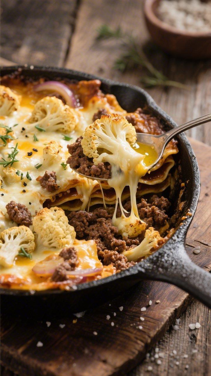 Overhead skillet scene of a cheesy cauliflower lasagna skillet (no noodles): roasted cauliflower florets layered with browned ground beef, sautéed onion, and ribbons of melted cheese pulling at the edges. Olive oil sheen catches the light; sea salt and black pepper visible on the browned bits. Garnished lightly with herbs for contrast. Set on a rustic wooden table with a spoon showing a cheesy, beefy scoop to reveal the layered textures.