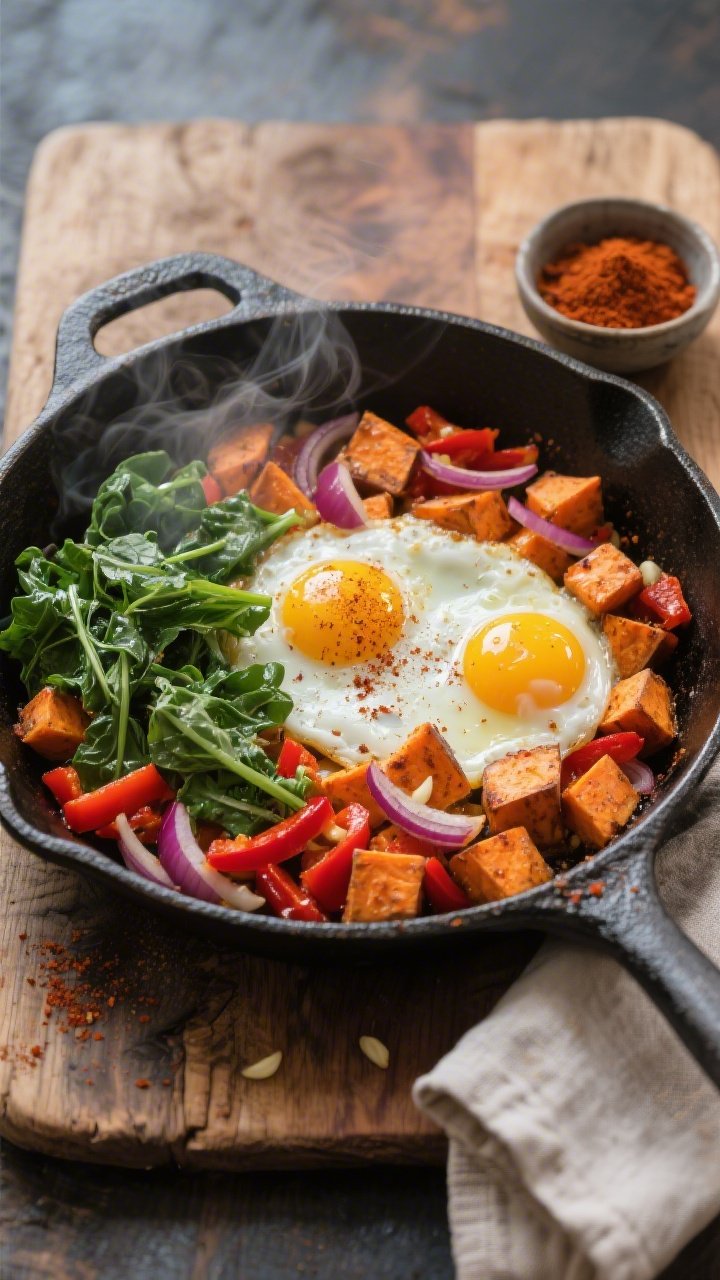 Overhead skillet scene of a Sweet Potato Breakfast Skillet With Eggs And Greens: a well-seasoned cast-iron pan holding diced sweet potatoes seared in olive oil, red onion slivers and red bell pepper pieces sautéed until tender, all coated with smoked paprika and garlic powder; two sunny-side eggs nestled on top with runny yolks, a handful of wilted greens tucked in for color, steam rising subtly, placed on a rustic wooden board with a small bowl of smoked paprika and a linen napkin nearby.
