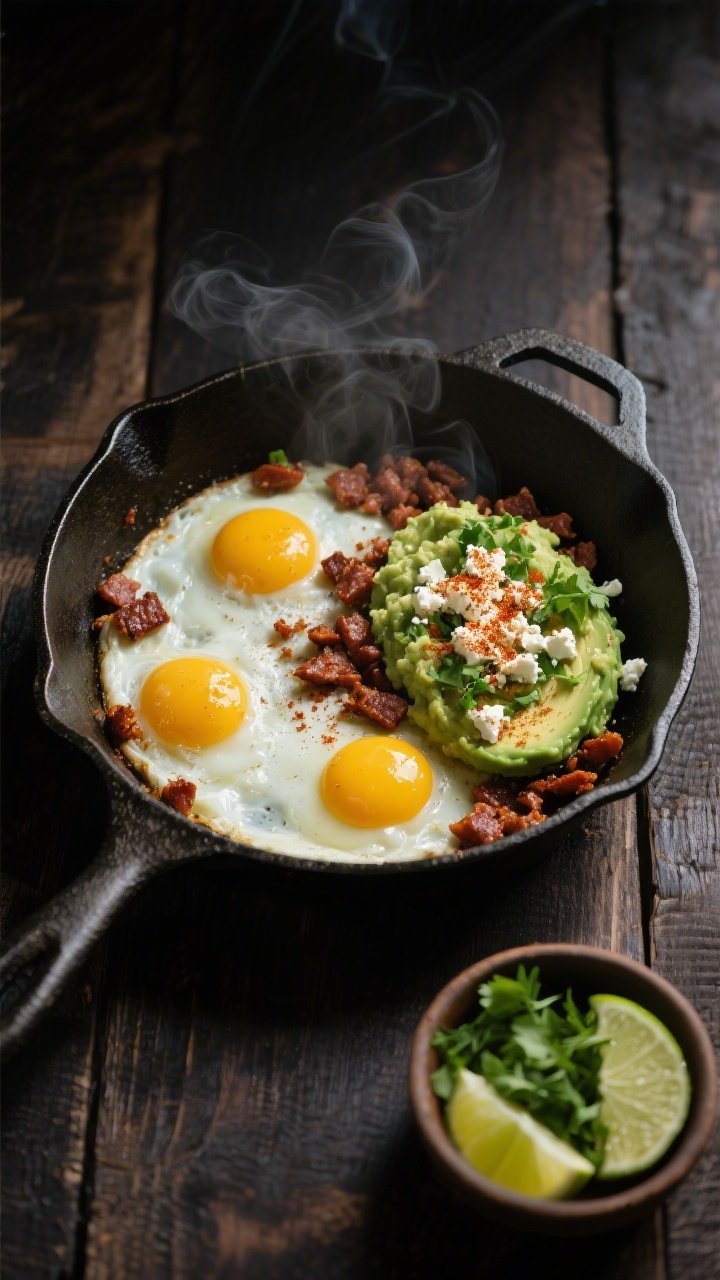 Overhead skillet shot: a cast-iron pan with sizzling crispy chorizo crumbles and four sunny-side-up eggs, avocado smash on the side of the skillet (avocado mashed with lime juice and chopped cilantro), sprinkled with crumbled cotija or feta and a dusting of smoked paprika; a small bowl of extra cilantro and lime wedges nearby; moody natural side light, minimal props, dark rustic wood surface, steam visible.